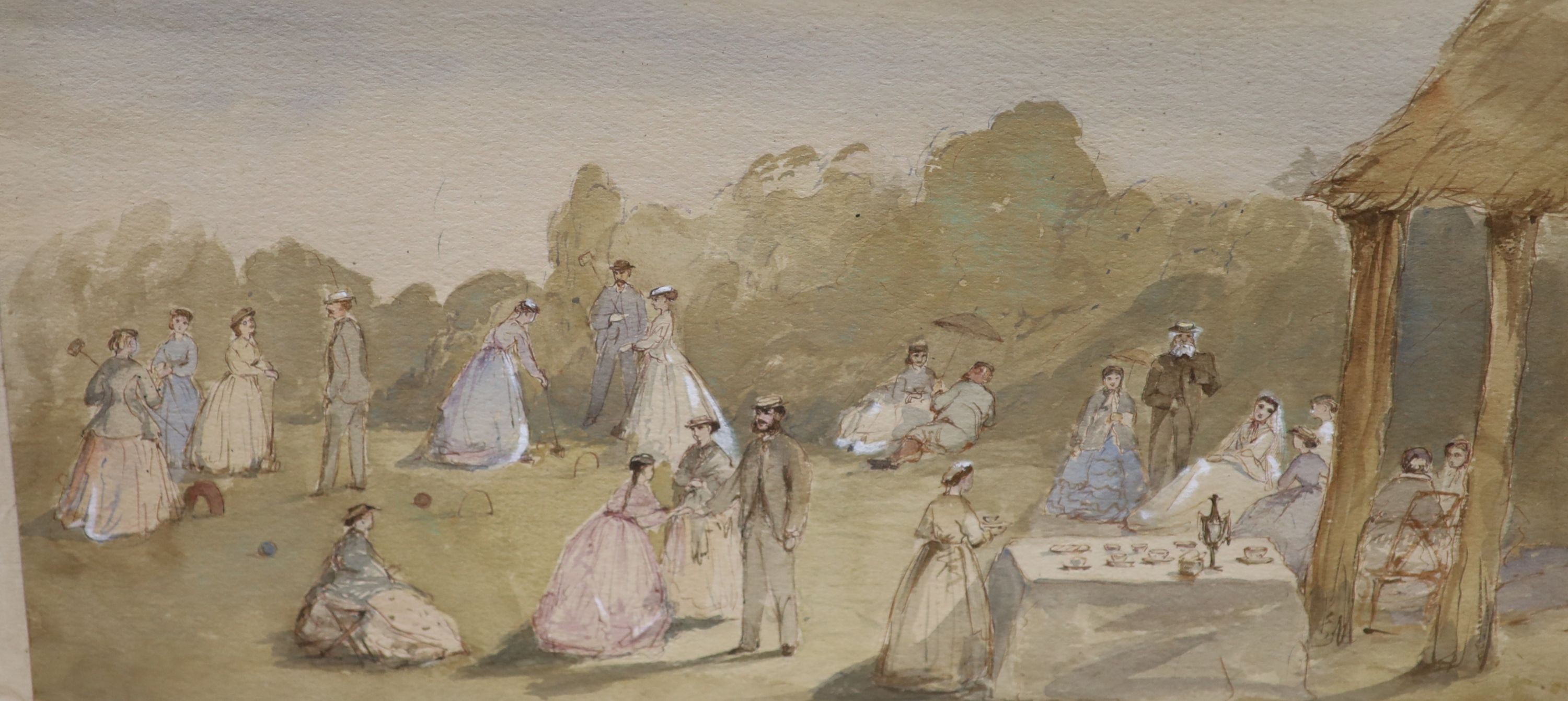 19th century English school, watercolour and body colour ‘A Garden Party Lyme Regis’, signed, and another by the same hand 18x37cm